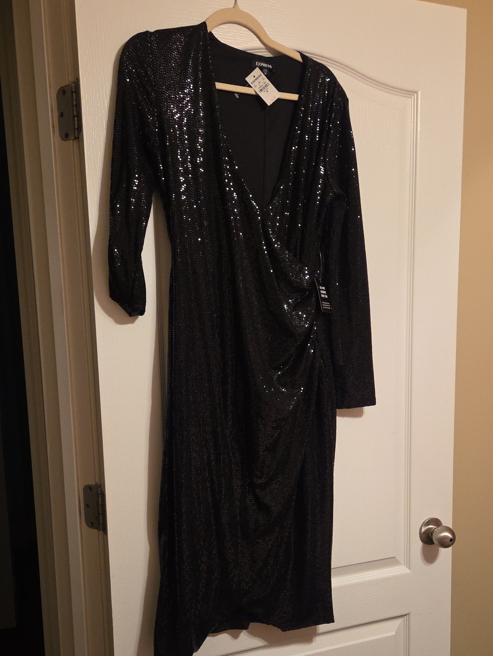 Express Black Sequin Wrap-Style Long Sleeve Dress